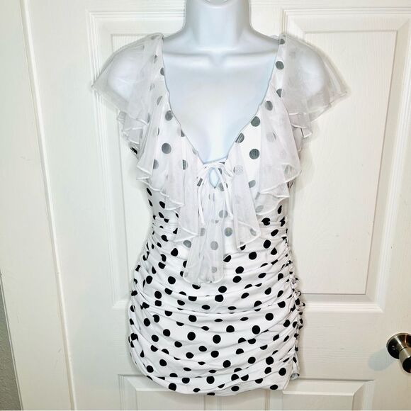 Unique Vintage Polka Dot Ruffle Sheath Swimsuit Mesh Ruffle Black White M NWT - Picture 4 of 11